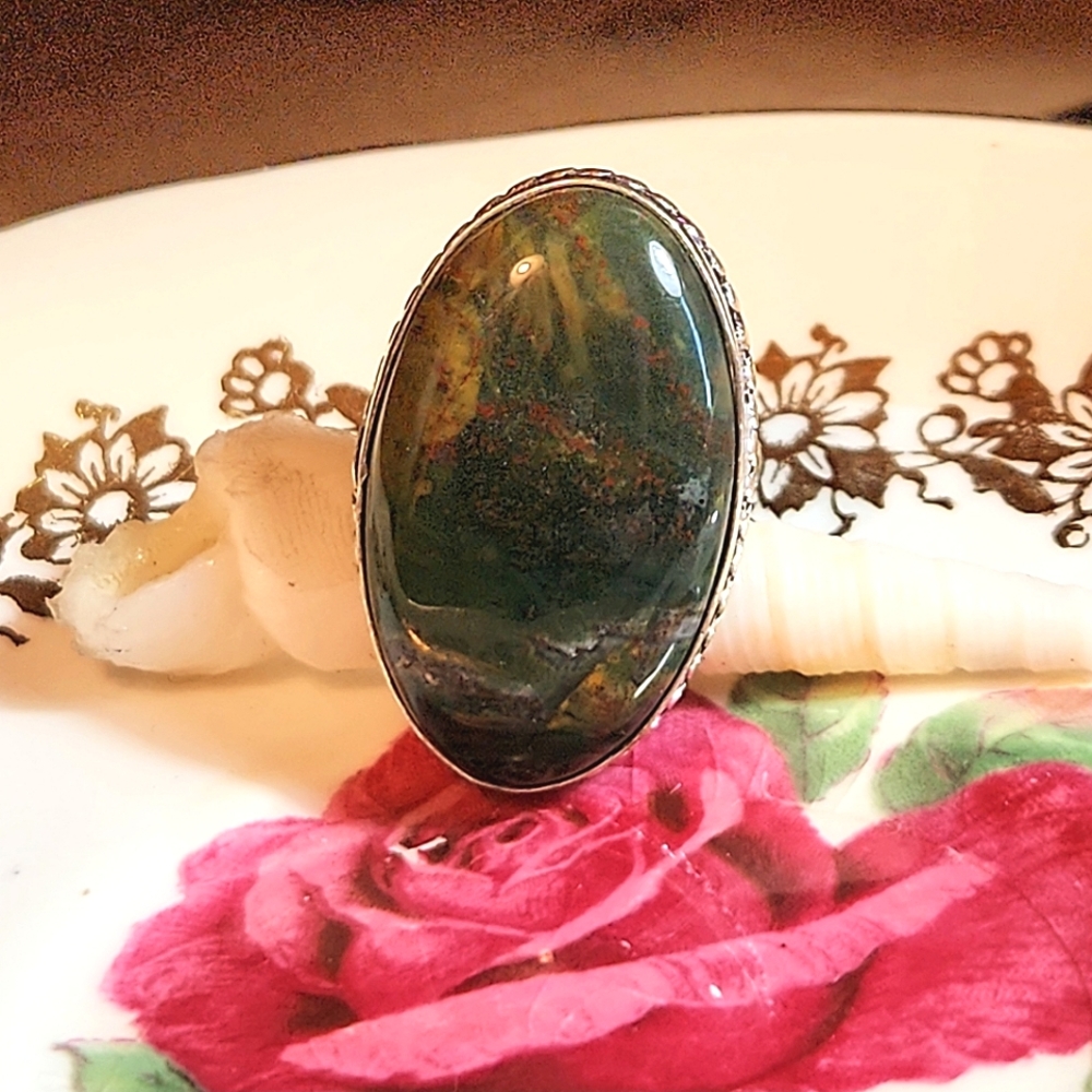 Absolutely Gorgeous, Handcrafted, Oval- Shaped, Natural Bloodstone Cabochon Ring